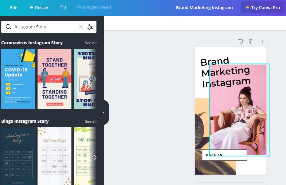 Canva instagram story creation tool workspace